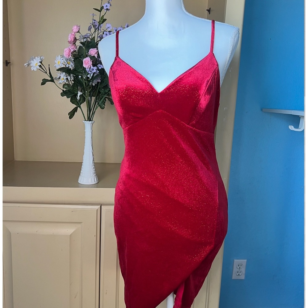 Y2K‎  Womens Small Red Velvet Glitter Mini Dress Babydoll Cocktail HOCO Holiday